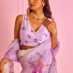 Women's Exquisite Lavender & White Organza Saree with Hand-Painted Lotus Floral Motifs & Gold Embellished Border – Complete with Matching Printed Blouse for Festive & Special Occasions